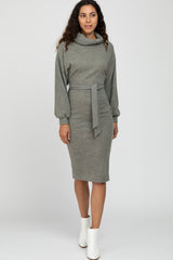 Light Olive Brushed Knit Turtleneck Dress