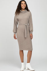 Taupe Brushed Knit Turtleneck Maternity Dress