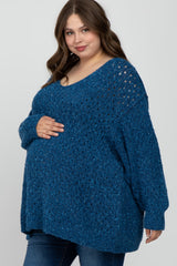 Teal Oversized Open Knit Maternity Plus Sweater