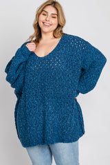 Teal Oversized Open Knit Plus Sweater