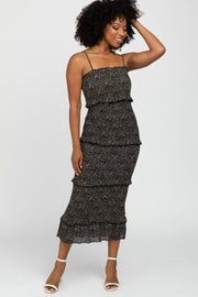 Black Animal Print Smocked Fitted Midi Dress