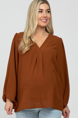 Camel V Neck Maternity Blouse