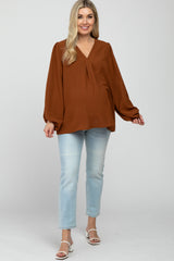 Camel V Neck Maternity Blouse