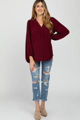 Burgundy V Neck Maternity Blouse