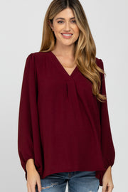 Burgundy V Neck Maternity Blouse