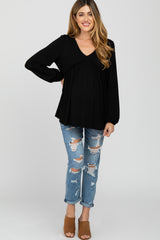 Black V-Neck Ruffle Accent Maternity Long Sleeve Top