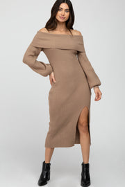 Mocha Ribbed Off Shoulder Sweater Midi Dress