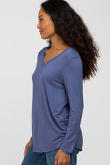 Blue V-Neck Round Hem Long Sleeve Top