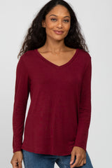 Burgundy V-Neck Round Hem Long Sleeve Maternity Top