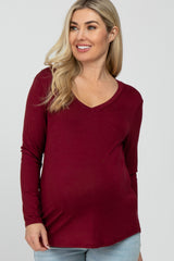 Burgundy V-Neck Round Hem Long Sleeve Maternity Top