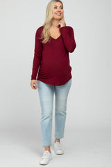 Burgundy V-Neck Round Hem Long Sleeve Maternity Top