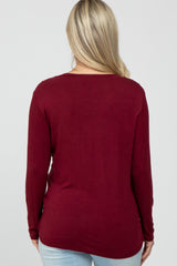 Burgundy V-Neck Round Hem Long Sleeve Maternity Top