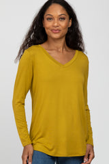 Yellow V-Neck Round Hem Long Sleeve Top