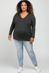 Charcoal V-Neck Round Hem Long Sleeve Maternity Plus Top