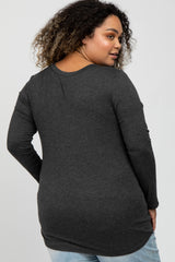 Charcoal V-Neck Round Hem Long Sleeve Maternity Plus Top