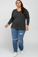 Charcoal V-Neck Round Hem Long Sleeve Maternity Plus Top