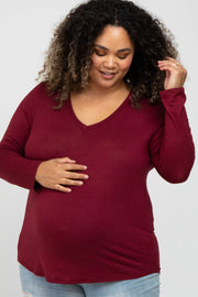 Burgundy V-Neck Round Hem Long Sleeve Maternity Plus Top