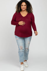 Burgundy V-Neck Round Hem Long Sleeve Maternity Plus Top