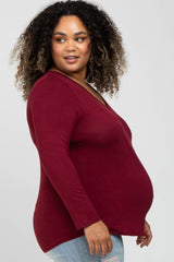 Burgundy V-Neck Round Hem Long Sleeve Maternity Plus Top