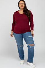 Burgundy V-Neck Round Hem Long Sleeve Plus Top