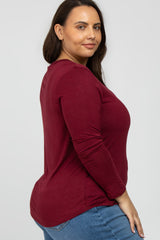 Burgundy V-Neck Round Hem Long Sleeve Plus Top