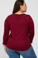 Burgundy V-Neck Round Hem Long Sleeve Plus Top