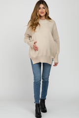 Beige Mock Neck Exposed Seam Maternity Sweater