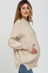 Beige Mock Neck Exposed Seam Maternity Sweater