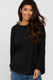 Black Brushed Ribbed Long Sleeve Top