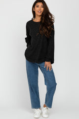 Black Brushed Ribbed Long Sleeve Top