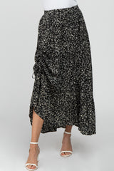 Black Floral Drawstring Side Gathered Skirt