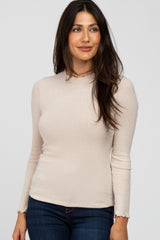 Beige Brushed Lettuce Trim Maternity Top