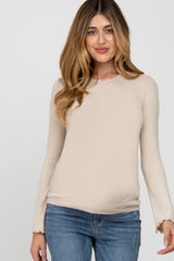 Beige Brushed Lettuce Trim Maternity Top