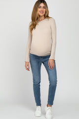 Beige Brushed Lettuce Trim Maternity Top