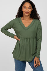 Olive Ribbed V-Neck Raw Edge Babydoll Maternity Top