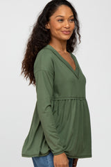 Olive Ribbed V-Neck Raw Edge Babydoll Top