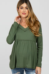 Olive Ribbed V-Neck Raw Edge Babydoll Maternity Top