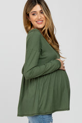 Olive Ribbed V-Neck Raw Edge Babydoll Maternity Top