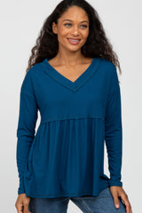 Teal Ribbed V-Neck Raw Edge Babydoll Maternity Top