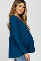 Teal Ribbed V-Neck Raw Edge Babydoll Maternity Top