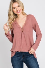 Mauve Lace Trim Long Sleeve Top