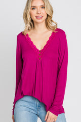 Magenta Lace Trim Long Sleeve Top