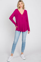 Magenta Lace Trim Long Sleeve Top