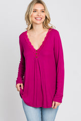 Magenta Lace Trim Long Sleeve Top