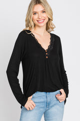 Black Lace Trim Long Sleeve Top