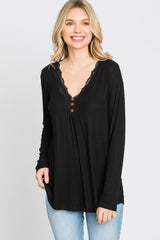 Black Lace Trim Long Sleeve Top