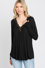 Black Lace Trim Long Sleeve Top