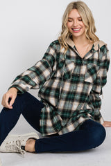 Green Plaid Button Front Fringe Hem Hooded Top