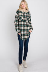 Green Plaid Button Front Fringe Hem Hooded Top