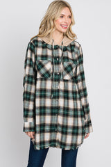 Green Plaid Button Front Fringe Hem Hooded Top